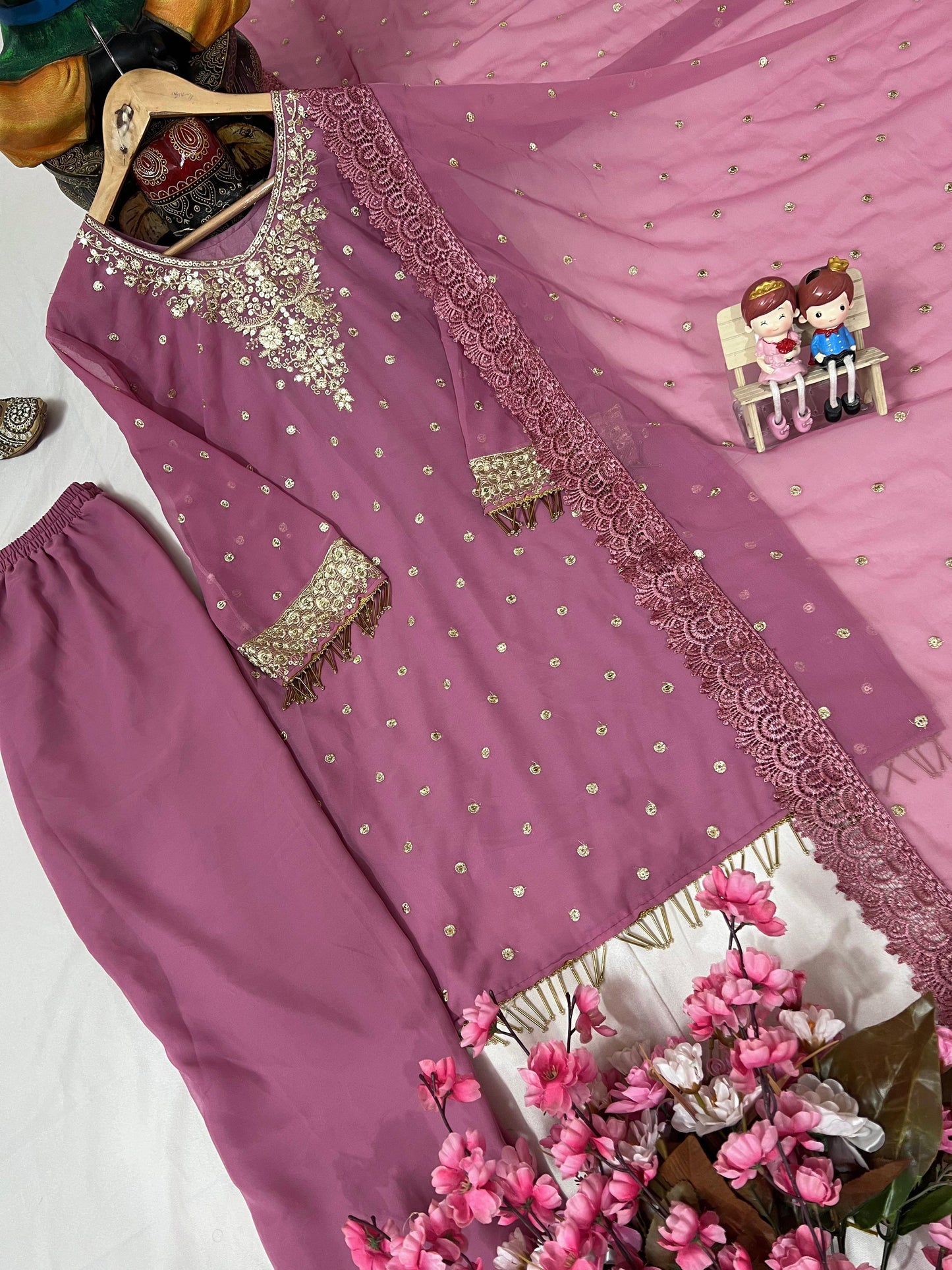 Festive & Party Wear Pink Georgette Women Kurti Plazzo Set with Embroidered Dupatta