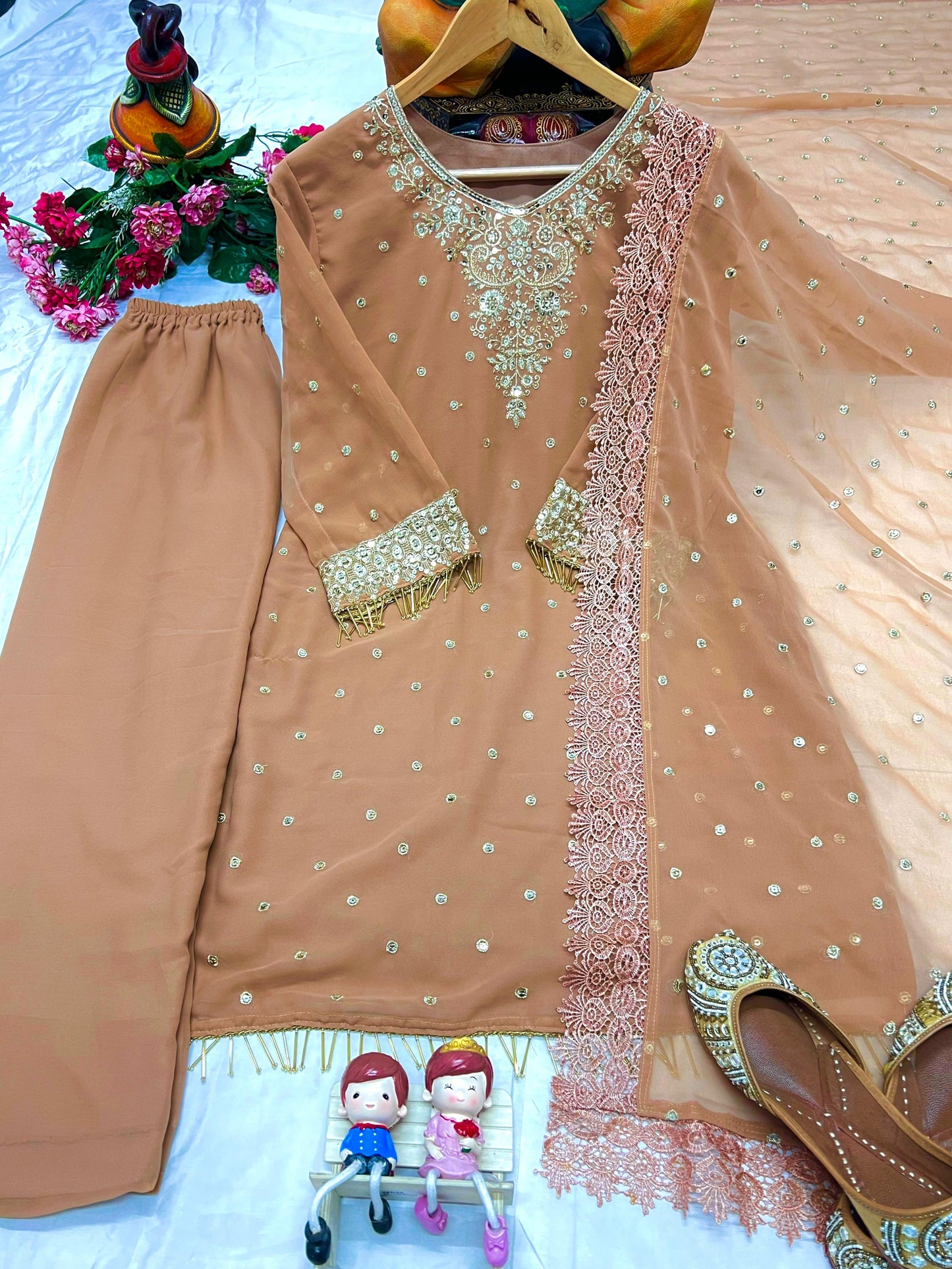 Graceful Festive & Party Wear Nude Georgette Women Kurti Plazzo Set
