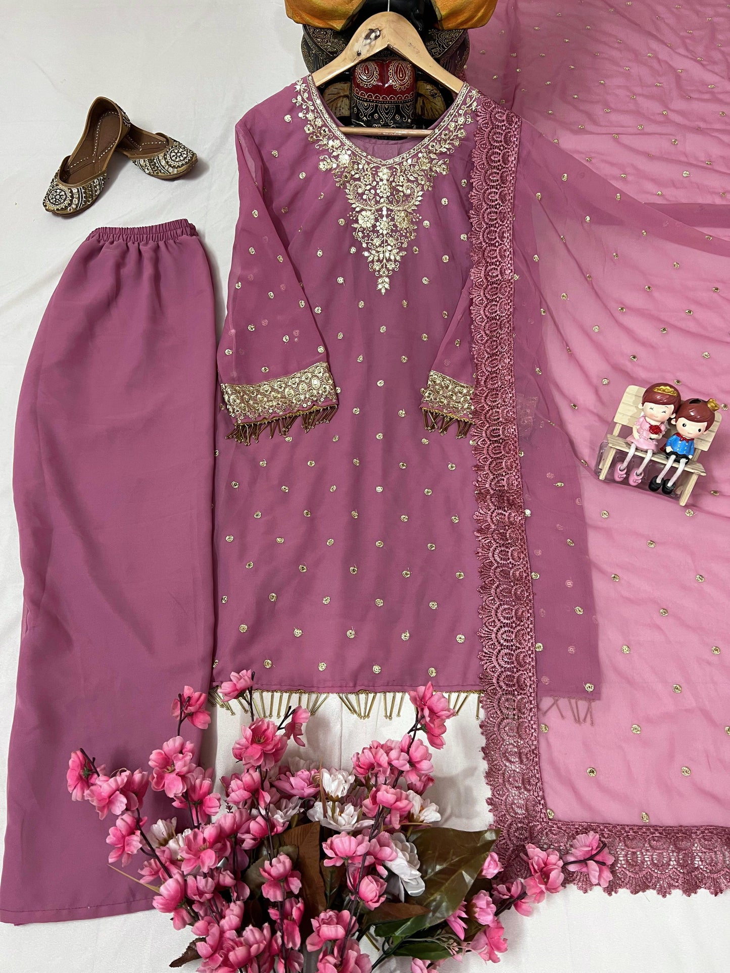 Festive & Party Wear Pink Georgette Women Kurti Plazzo Set with Embroidered Dupatta