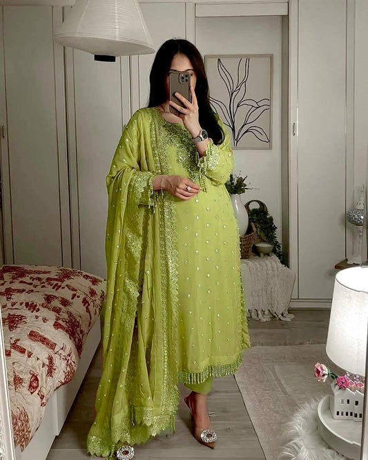 Festive & Party Wear Premium Pista Green Georgette Women Kurti Plazzo Set