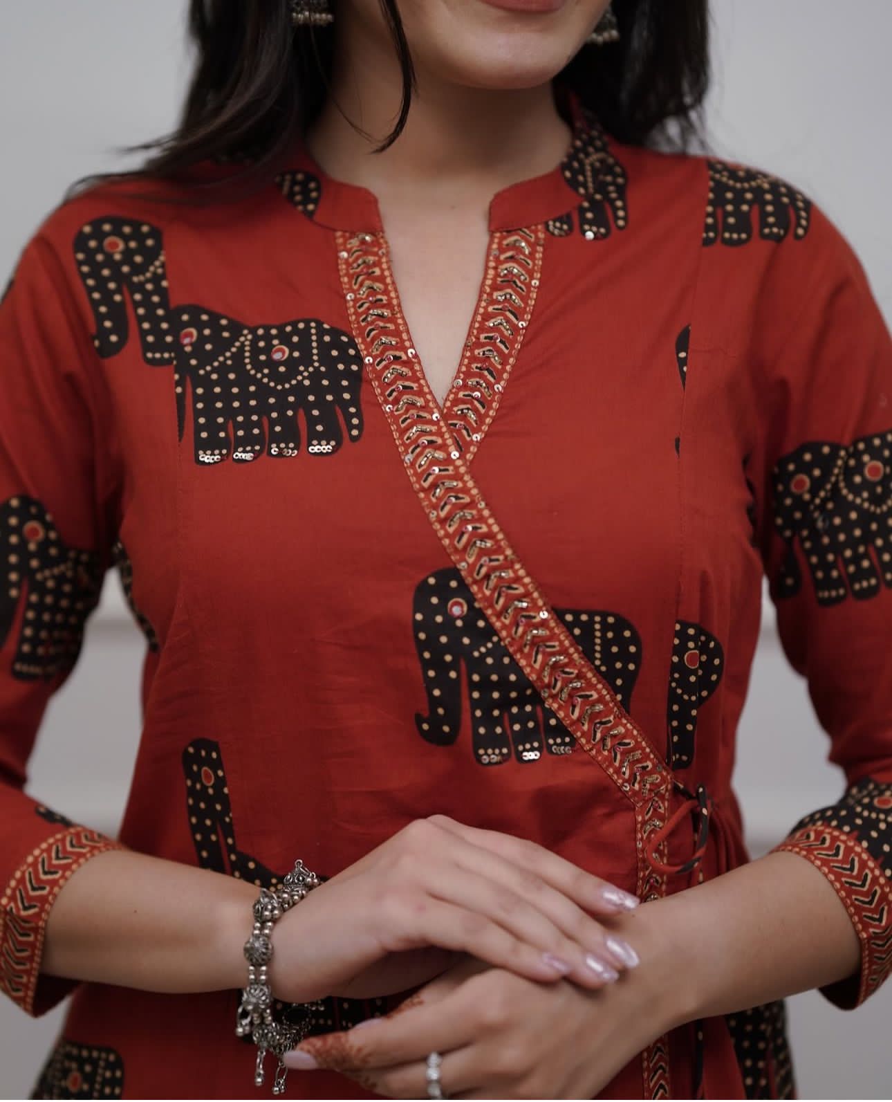 Angrakha Cotton Kurta Set with Dupatta Elegant Ethnic Wear for Women - Red Color