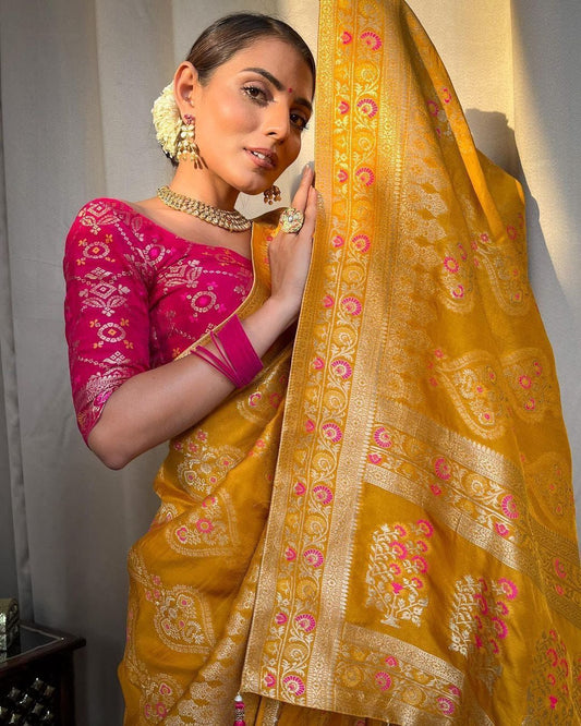 Soft Silk Saree with Rich Jacquard Pallu & Border – Festive & Wedding Wear- yellow color