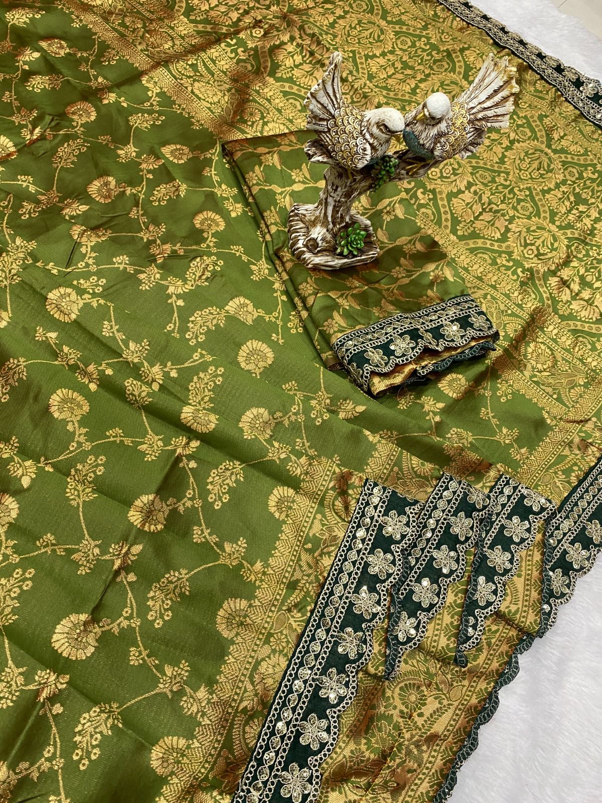 Soft Lichi Silk Saree with Rich Pallu & Jacquard Blouse – Olive Green