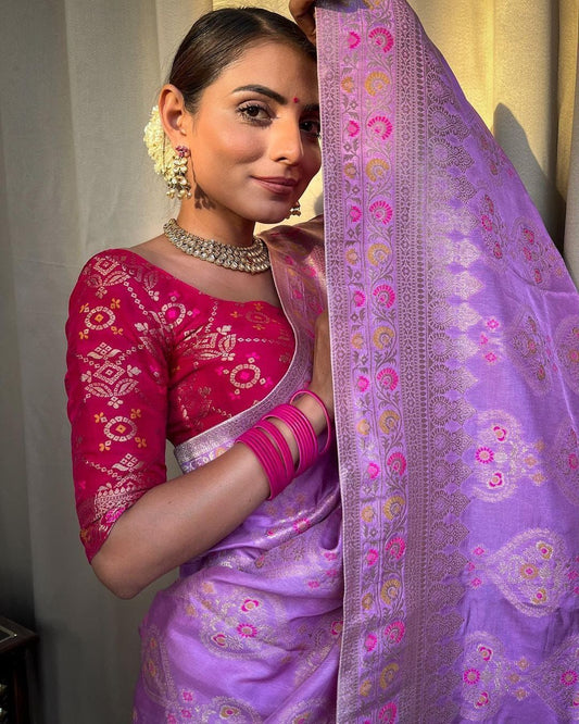 Soft Silk Saree with Rich Jacquard Pallu & Contrast Blouse – Traditional Party & Wedding Wear - puple color