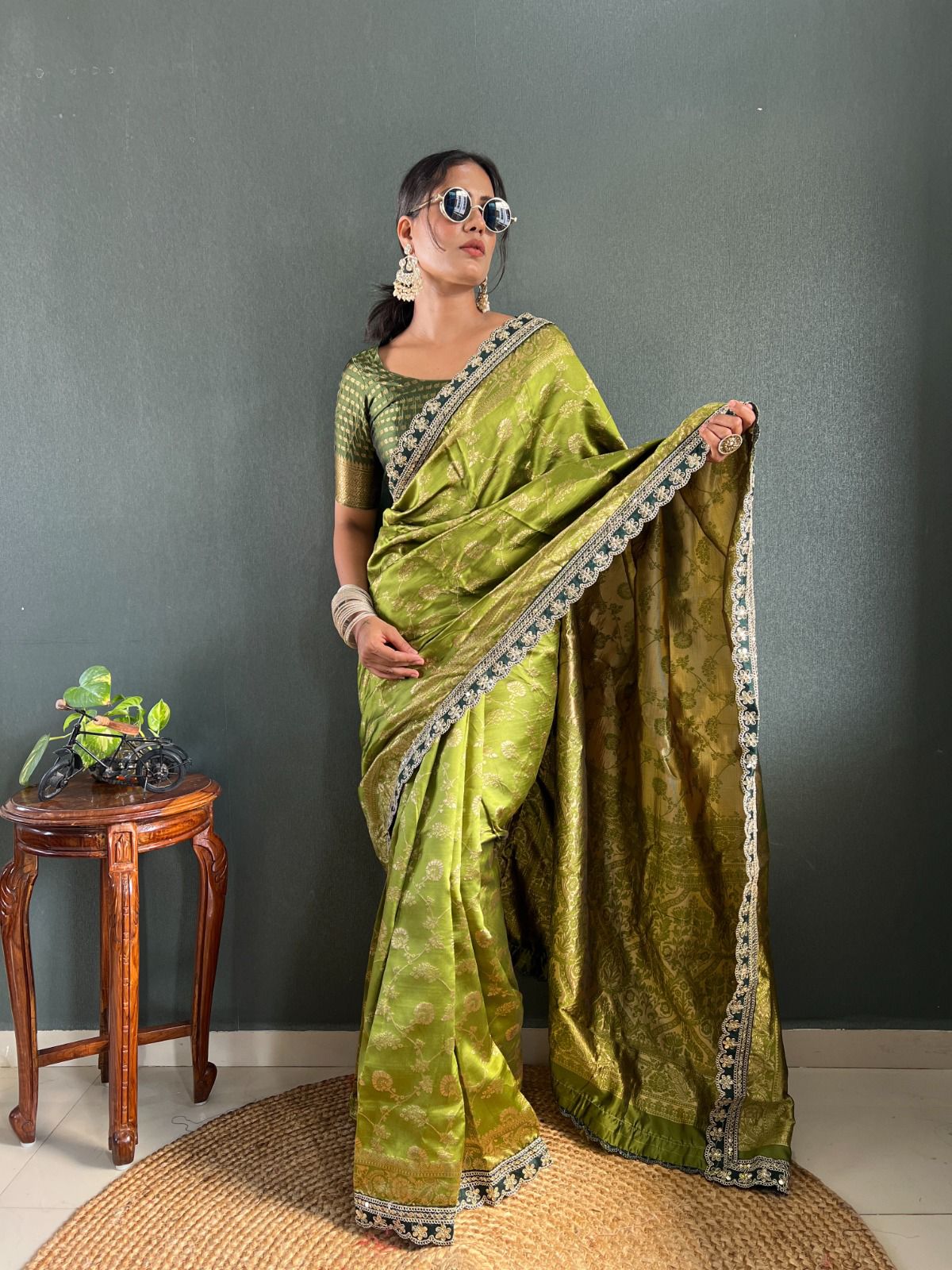 Soft Lichi Silk Saree with Rich Pallu & Jacquard Blouse – Olive Green