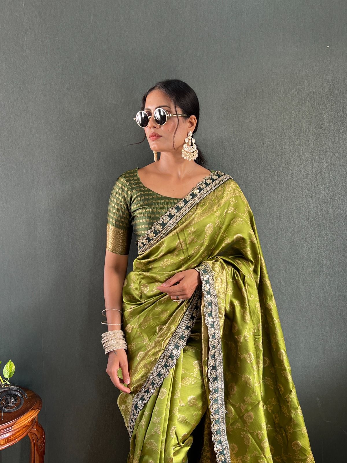 Soft Lichi Silk Saree with Rich Pallu & Jacquard Blouse – Olive Green