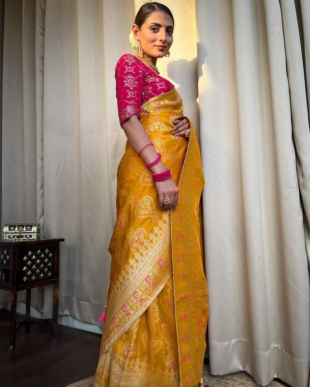 Soft Silk Saree with Rich Jacquard Pallu & Border – Festive & Wedding Wear- yellow color