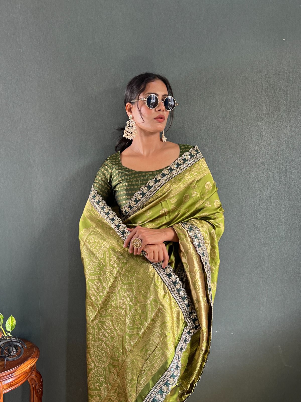Soft Lichi Silk Saree with Rich Pallu & Jacquard Blouse – Olive Green