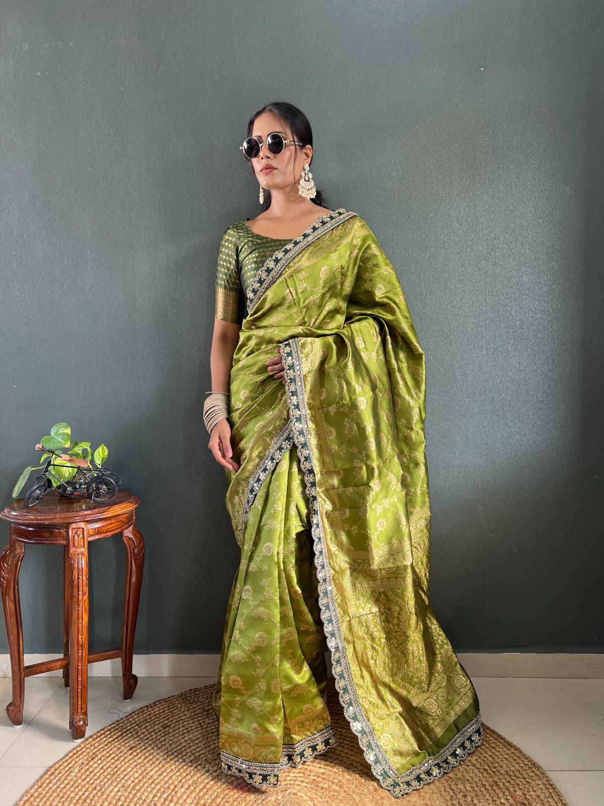 Soft Lichi Silk Saree with Rich Pallu & Jacquard Blouse – Olive Green