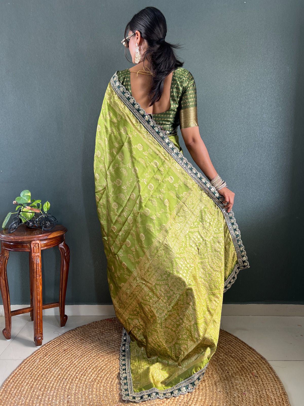 Soft Lichi Silk Saree with Rich Pallu & Jacquard Blouse – Olive Green
