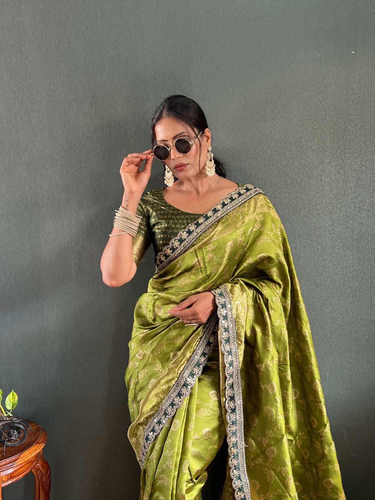 Soft Lichi Silk Saree with Rich Pallu & Jacquard Blouse – Olive Green