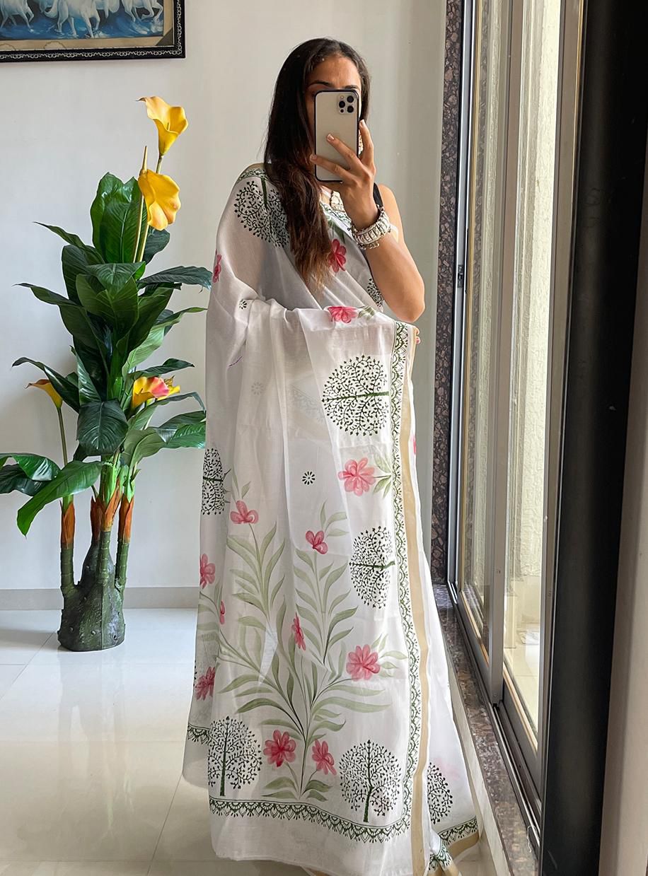 Perfect for Casual & Semi-Formal Wear Elegant Linen Cotton Saree with Digital Print Border