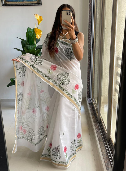 Perfect for Casual & Semi-Formal Wear Elegant Linen Cotton Saree with Digital Print Border