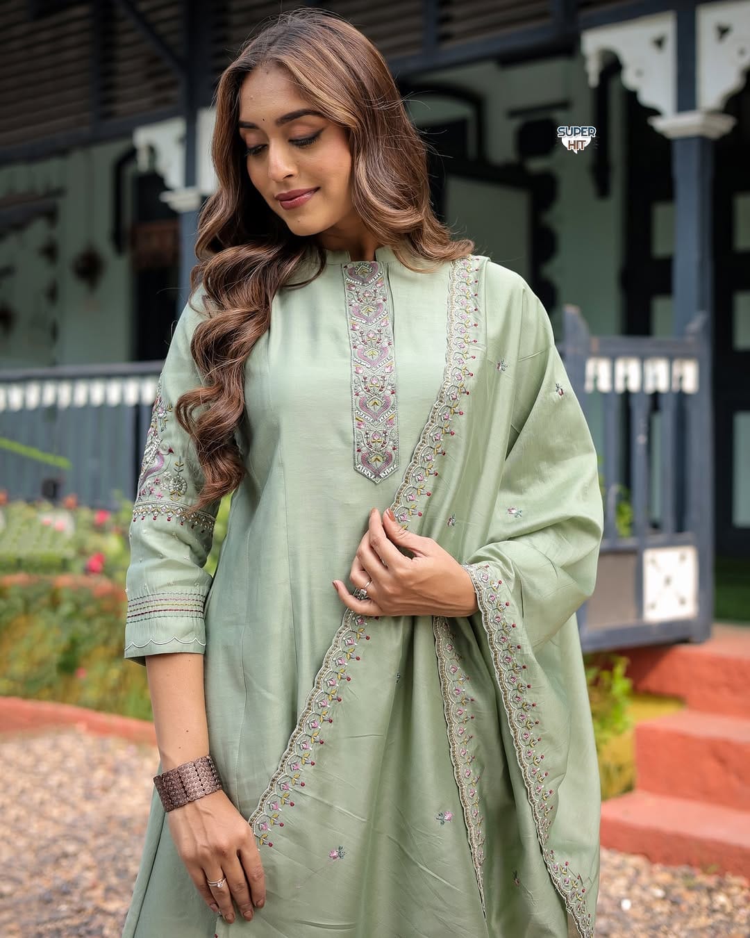 Elegant Muslin Silk Anarkali Set with Embroidered Chanderi Dupatta - Pista Green