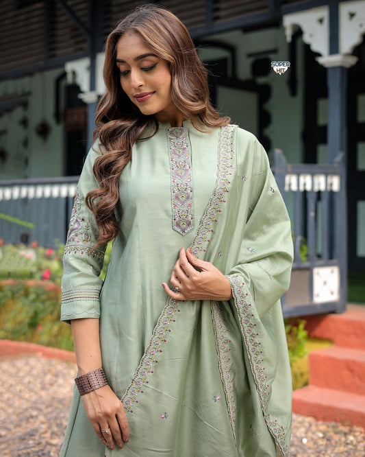 Elegant Muslin Silk Anarkali Set with Embroidered Chanderi Dupatta - Pista Green
