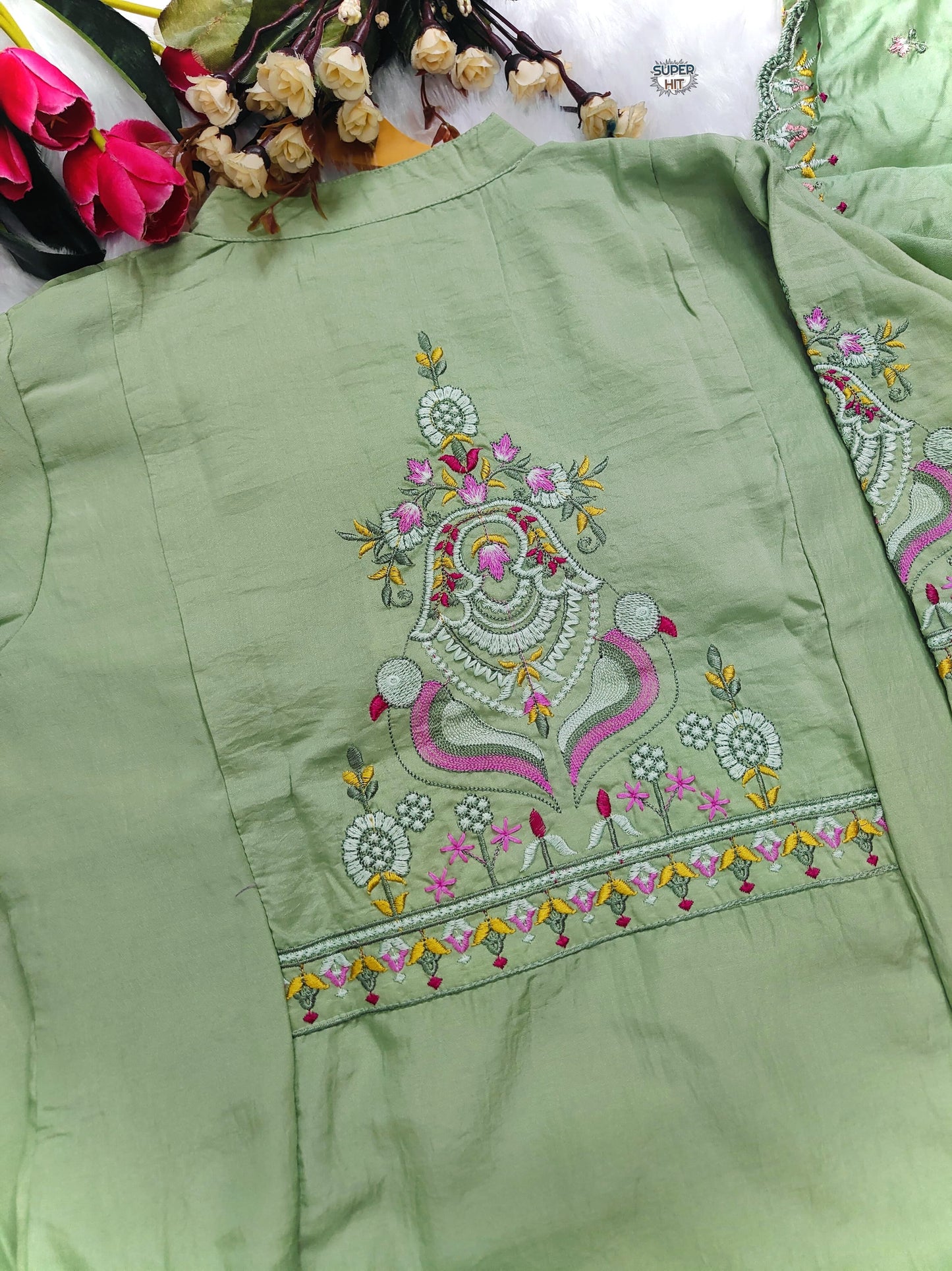 Elegant Muslin Silk Anarkali Set with Embroidered Chanderi Dupatta - Pista Green