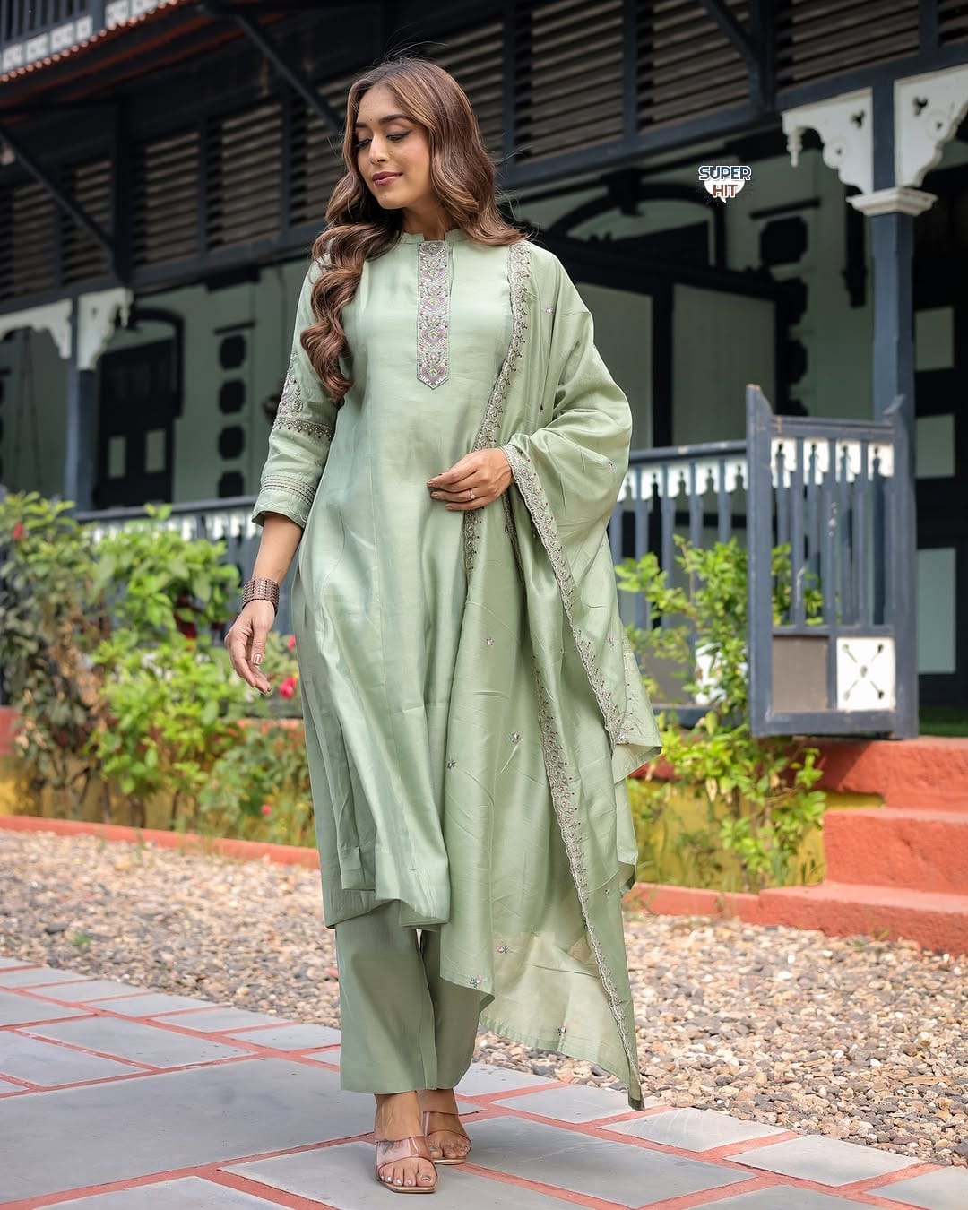 Elegant Muslin Silk Anarkali Set with Embroidered Chanderi Dupatta - Pista Green
