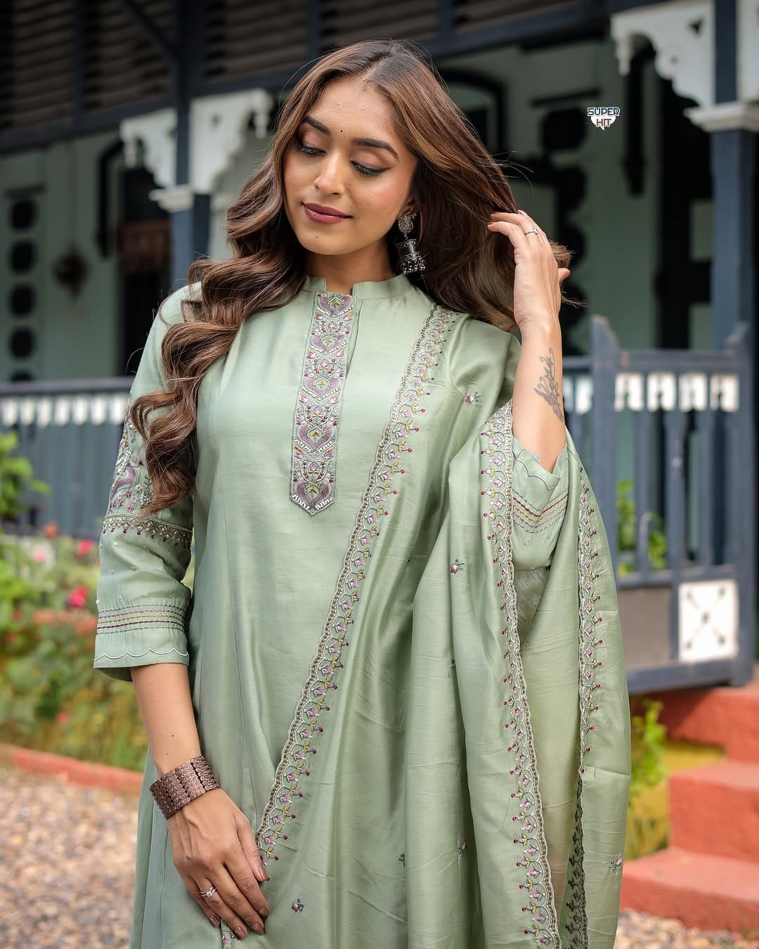 Elegant Muslin Silk Anarkali Set with Embroidered Chanderi Dupatta - Pista Green