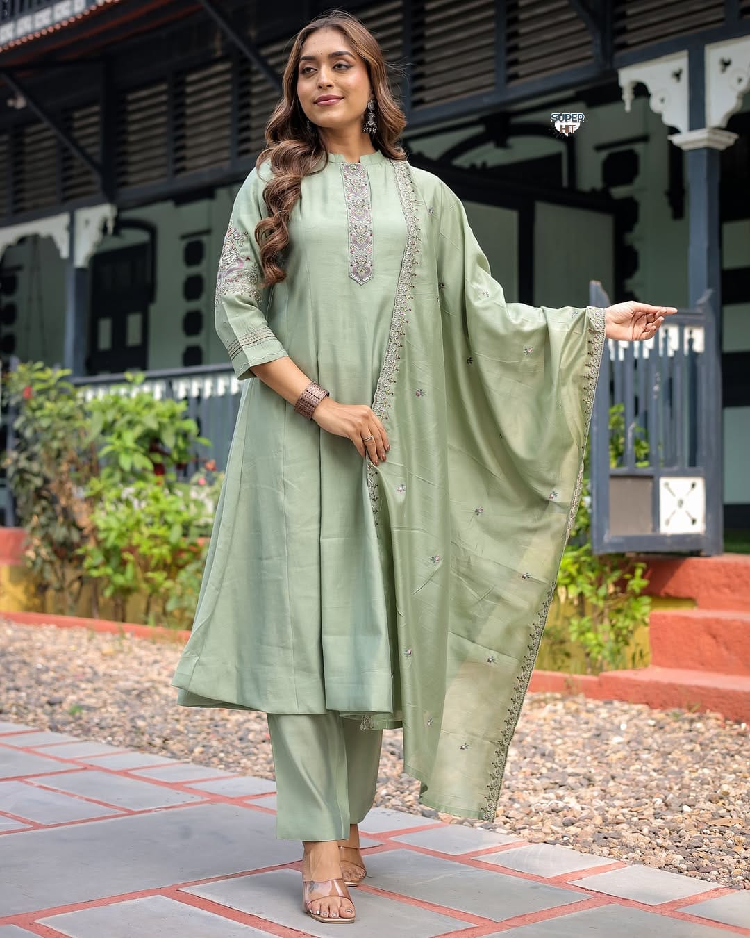 Elegant Muslin Silk Anarkali Set with Embroidered Chanderi Dupatta - Pista Green