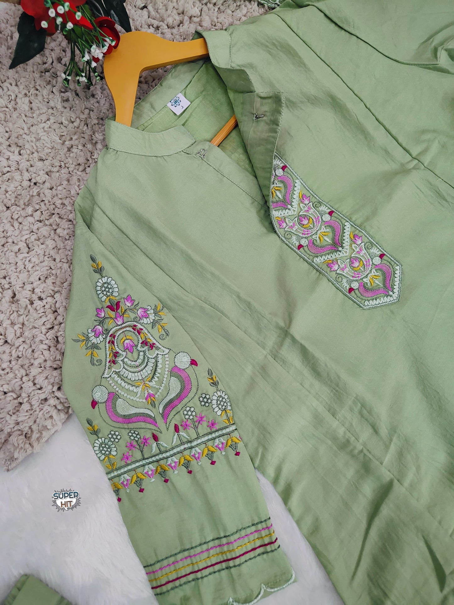 Elegant Muslin Silk Anarkali Set with Embroidered Chanderi Dupatta - Pista Green