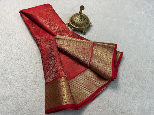 Pure Brocade Mysore Silk Saree with Zari Weaving & Jaccard Contrast Blouse - Elegant & Rich Pallu
