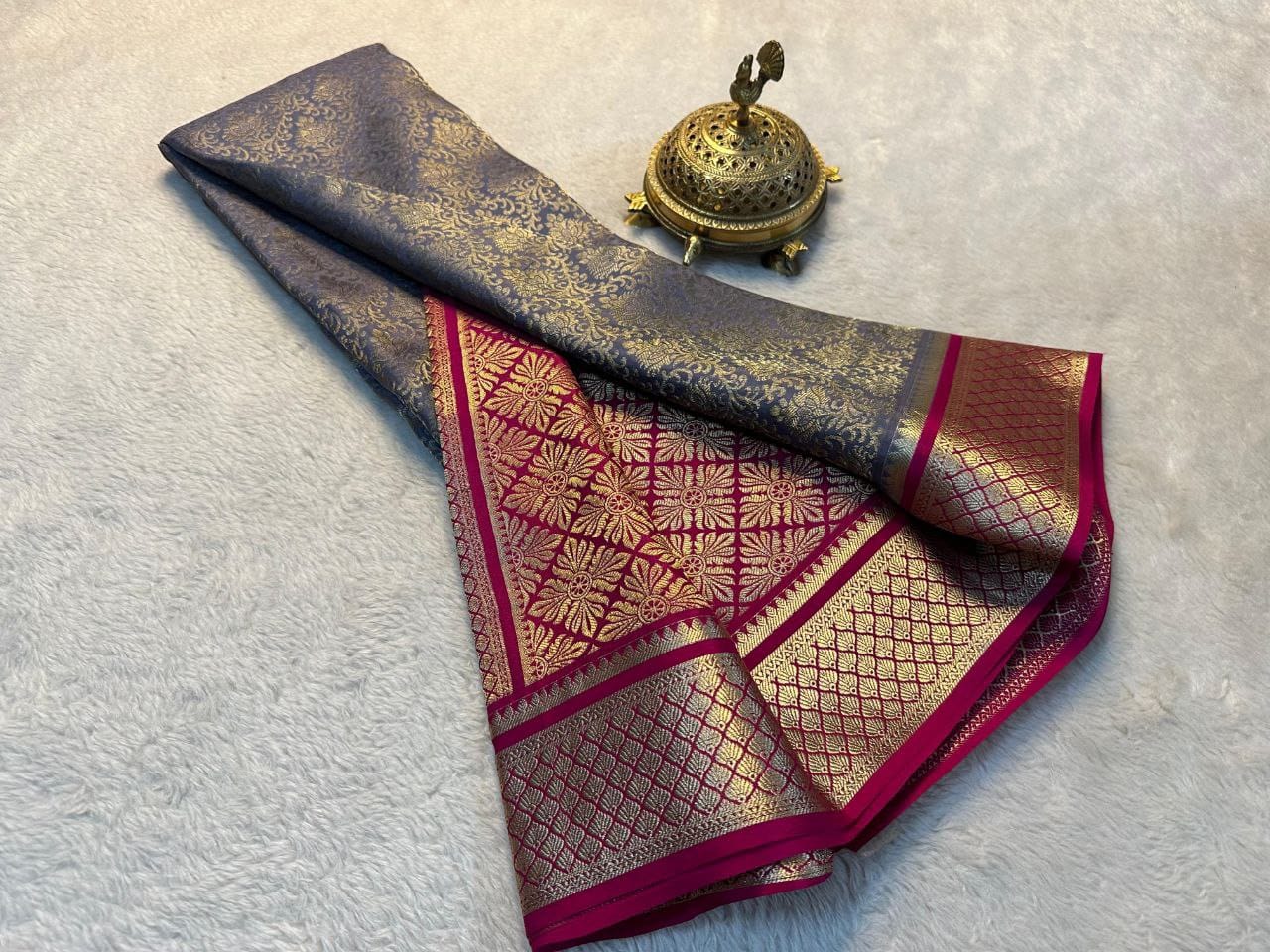 Festive Wear Grey Mysore Silk Saree with Pink-Gold Zari Border & Brocade Weaving