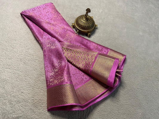 Pure Brocade Mysore Silk Saree with Zari Weaving & Jaccard Contrast Blouse
