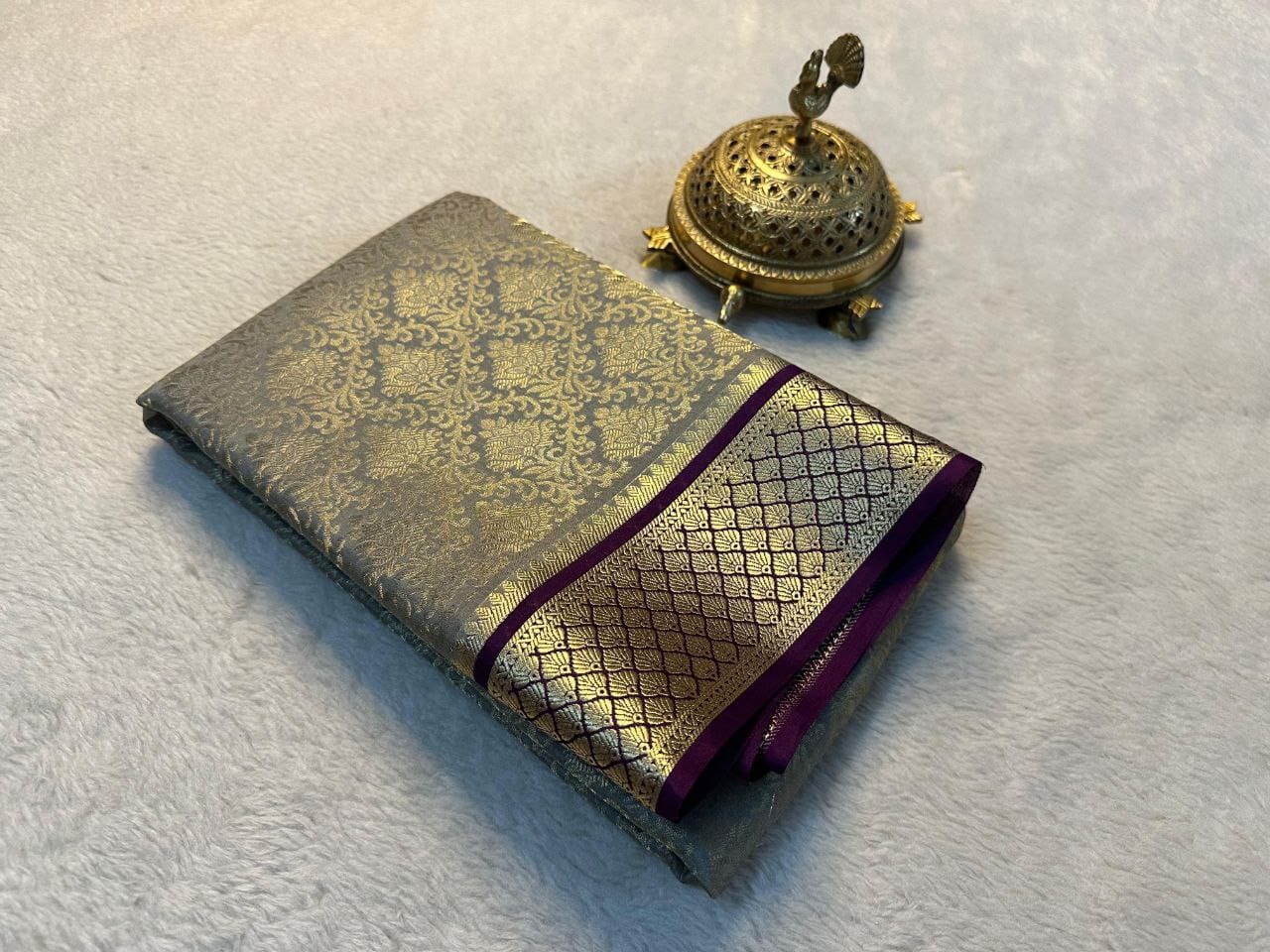 Premium Grey Mysore Silk Saree with Maroon Border & Golden Zari