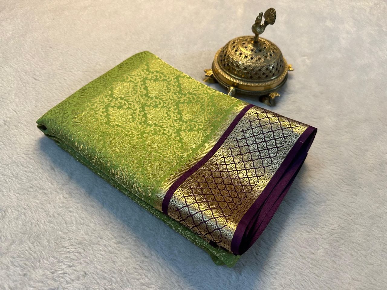 Festive & Wedding Wear Parrot Green Mysore Silk Saree with Purple-Gold Zari Border & Rich Pallu