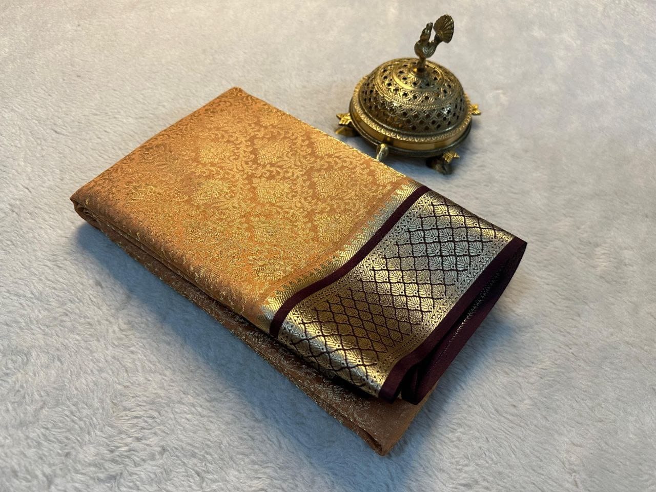 Exclusive Golden Mysore Silk Saree with Maroon Border & Rich Zari Weaving