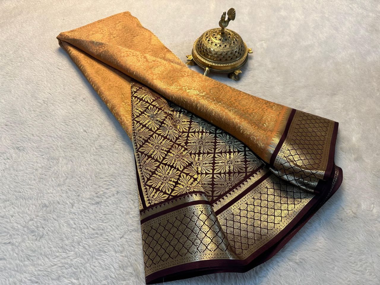 Exclusive Golden Mysore Silk Saree with Maroon Border & Rich Zari Weaving