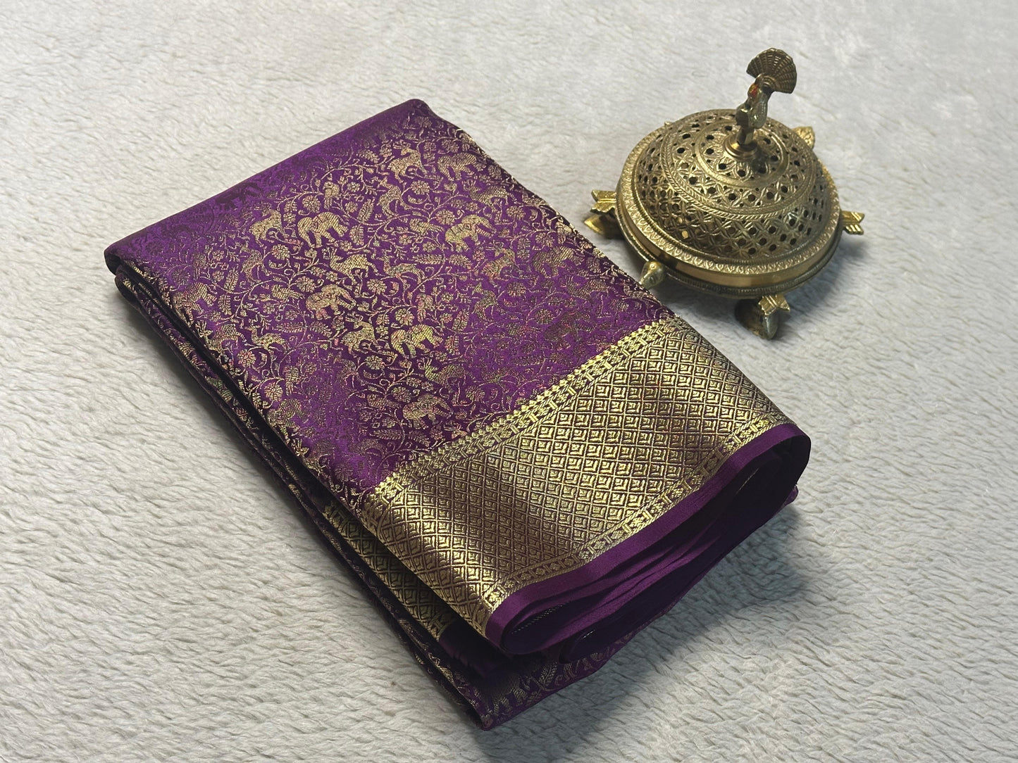 Pure Brocade Mysore Silk Saree with Zari Weaving & Jaccard Contrast Blouse
