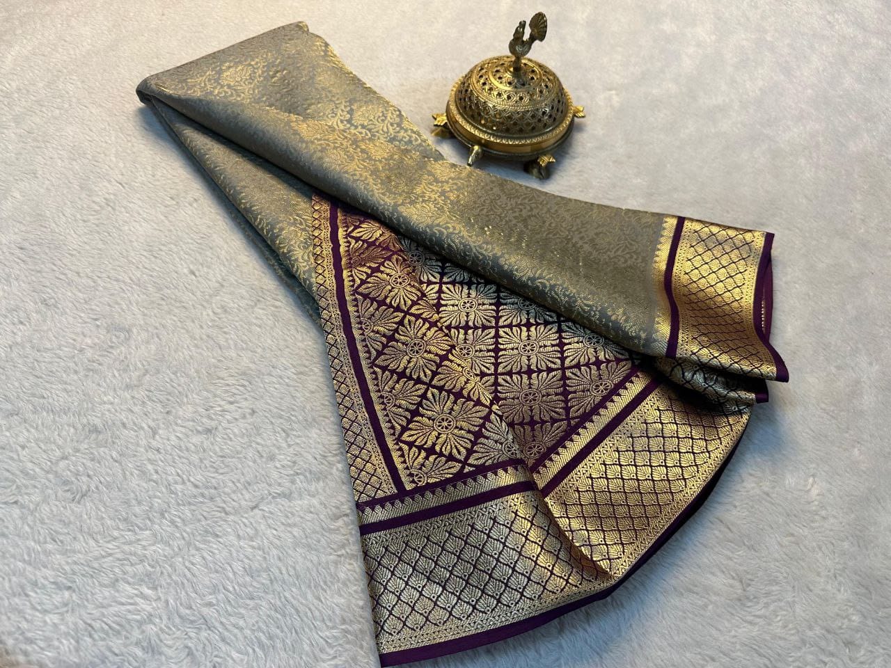 Premium Grey Mysore Silk Saree with Maroon Border & Golden Zari