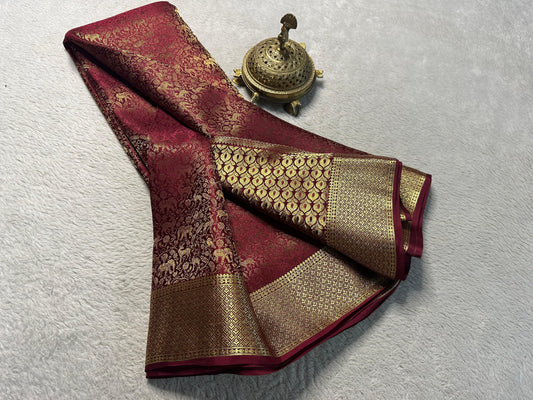 Pure Brocade Mysore Silk Saree with Zari Weaving & Jaccard Contrast Blouse