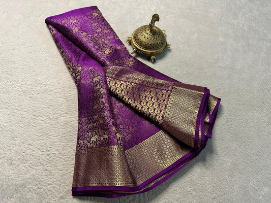 Pure Brocade Mysore Silk Saree with Zari Weaving & Jaccard Contrast Blouse
