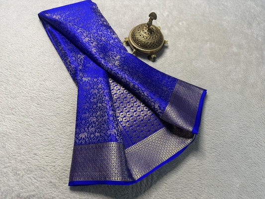 Pure Brocade Mysore Silk Saree with Zari Weaving & Jaccard Contrast Blouse