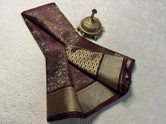 Pure Brocade Mysore Silk Saree with Zari Weaving & Jaccard Contrast Blouse