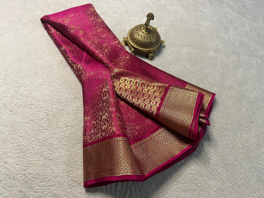 Pure Brocade Mysore Silk Saree with Zari Weaving & Jaccard Contrast Blouse - Elegant & Rich Pallu