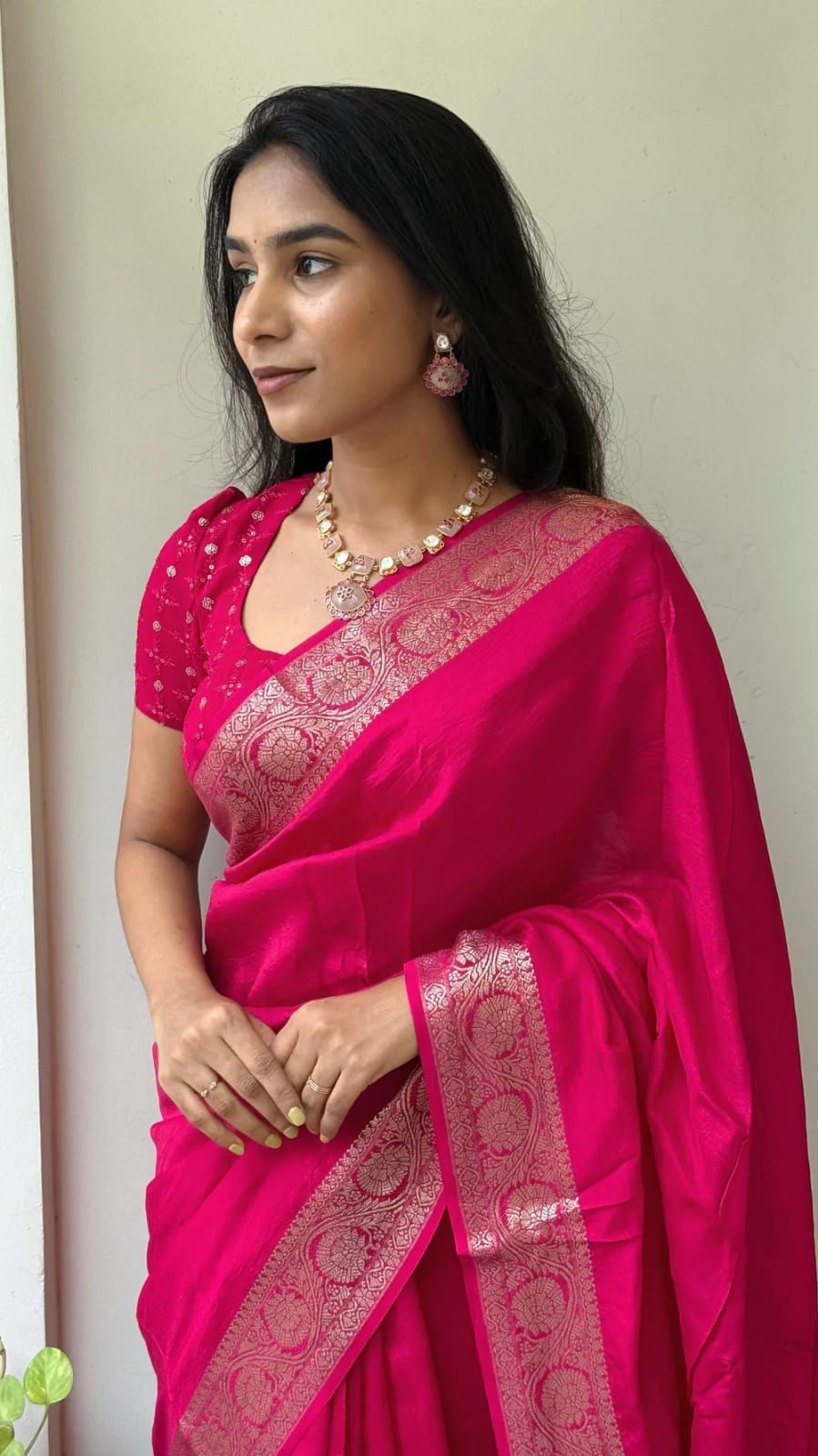 Premium Pink Nylon Chinnon Saree with Zari Weaving