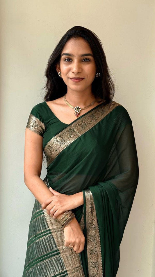 Exclusive Green Soft Nylon Chinnon Saree with Pure Zari Woven Pallu and Matching Blouse – Festive & Party Wear