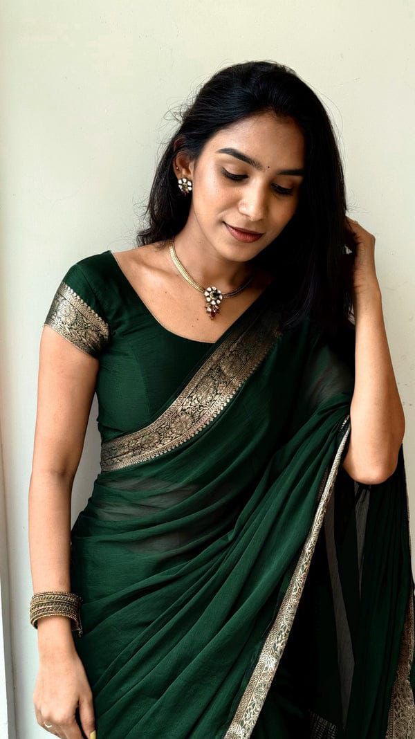 Exclusive Green Soft Nylon Chinnon Saree with Pure Zari Woven Pallu and Matching Blouse – Festive & Party Wear