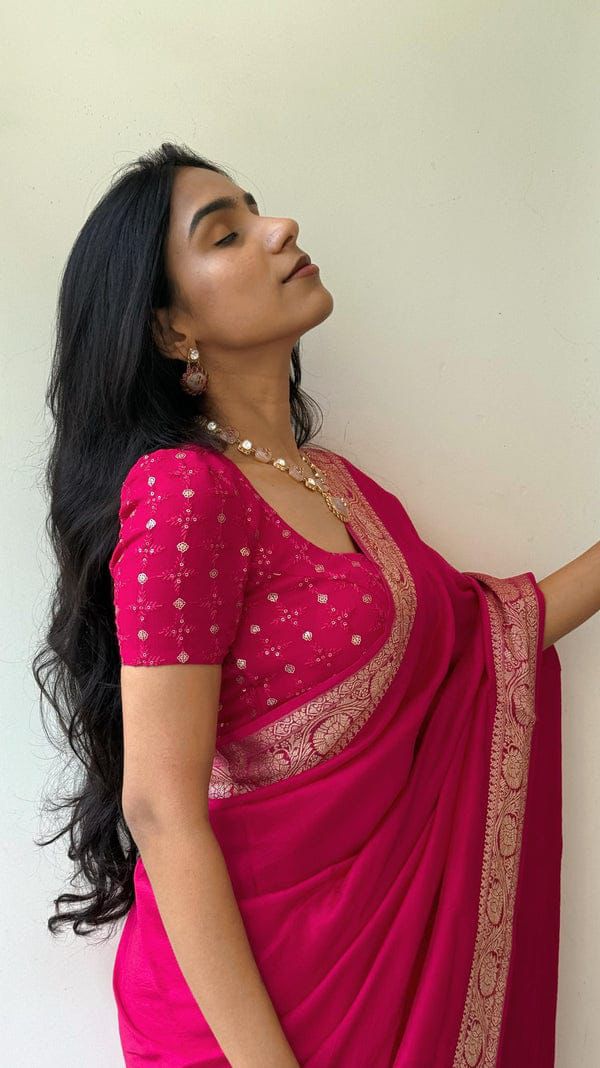 Premium Pink Nylon Chinnon Saree with Zari Weaving