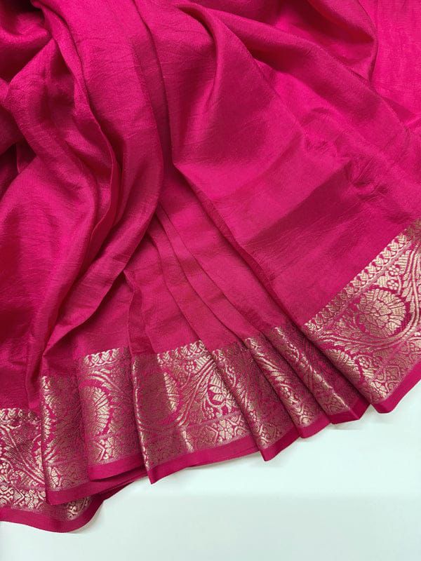 Premium Pink Nylon Chinnon Saree with Zari Weaving