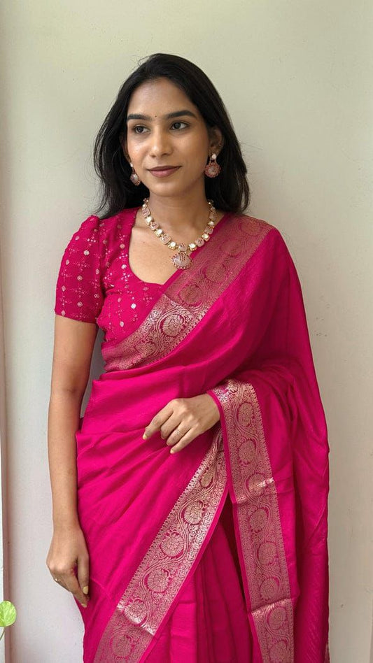 Premium Pink Nylon Chinnon Saree with Zari Weaving