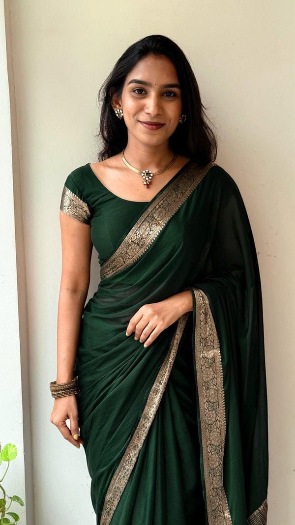 Exclusive Green Soft Nylon Chinnon Saree with Pure Zari Woven Pallu and Matching Blouse – Festive & Party Wear