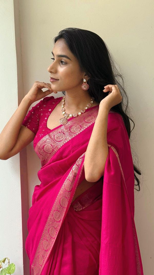 Premium Pink Nylon Chinnon Saree with Zari Weaving