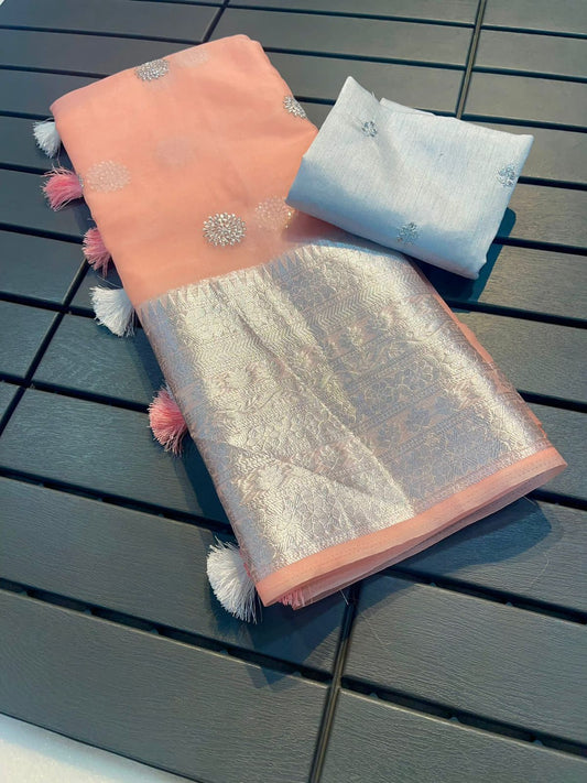 Wedding & Festive Look Peach Kanchipuram Organza Saree with Sequin Blouse