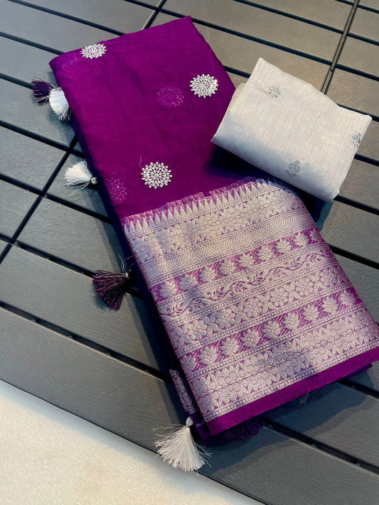 Elegant Festive Wear Violet Kanchipuram Organza Saree with Sequin Work Blouse
