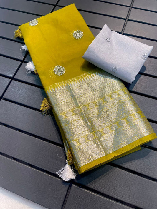 Festive & Wedding Wear Yellow Kanchipuram Organza Saree with Sequin Work Blouse