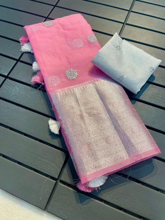 Elegant Light Pink Organza Saree with Raw Silk Sequin Blouse